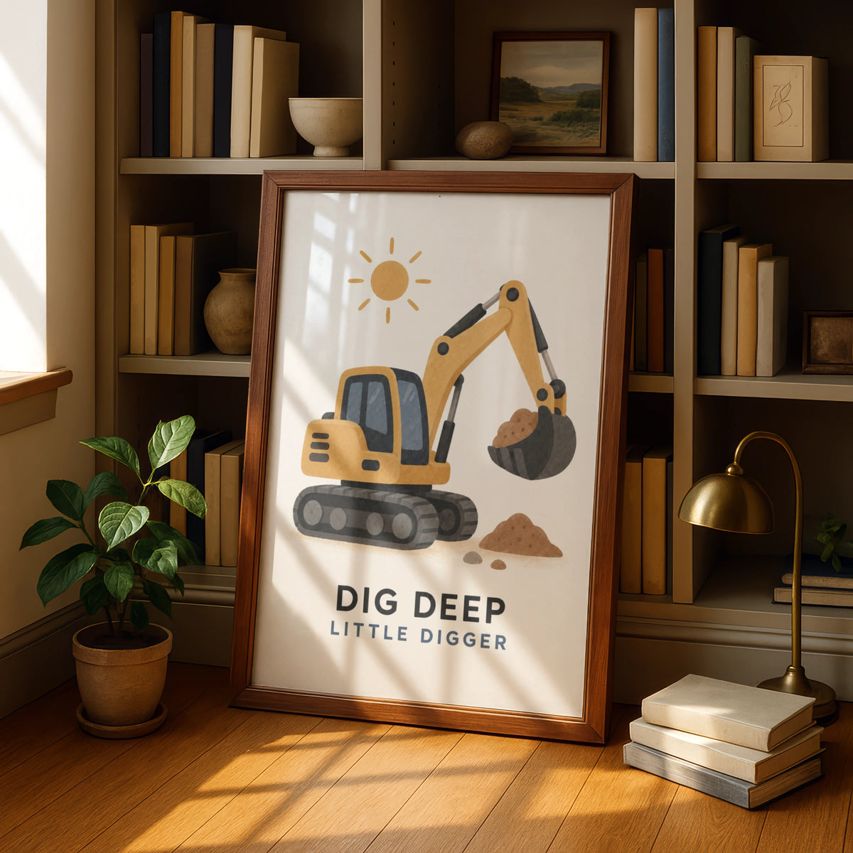 Dig Deep Little Digger Poster, Kids Excavator Wall Art, Boys Nursery Print, Construction