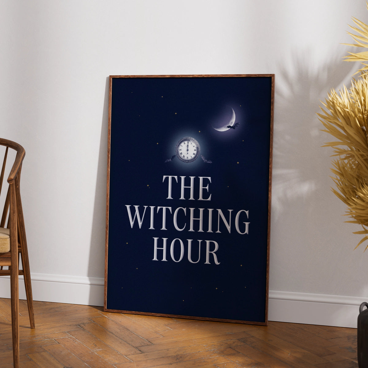 The Witching Hour Halloween Poster, Gothic Bat Moon Clock Wall Art, Dark Navy Print
