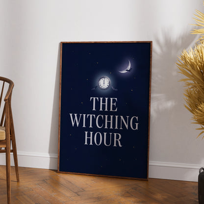 The Witching Hour Halloween Poster, Gothic Bat Moon Clock Wall Art, Dark Navy Print