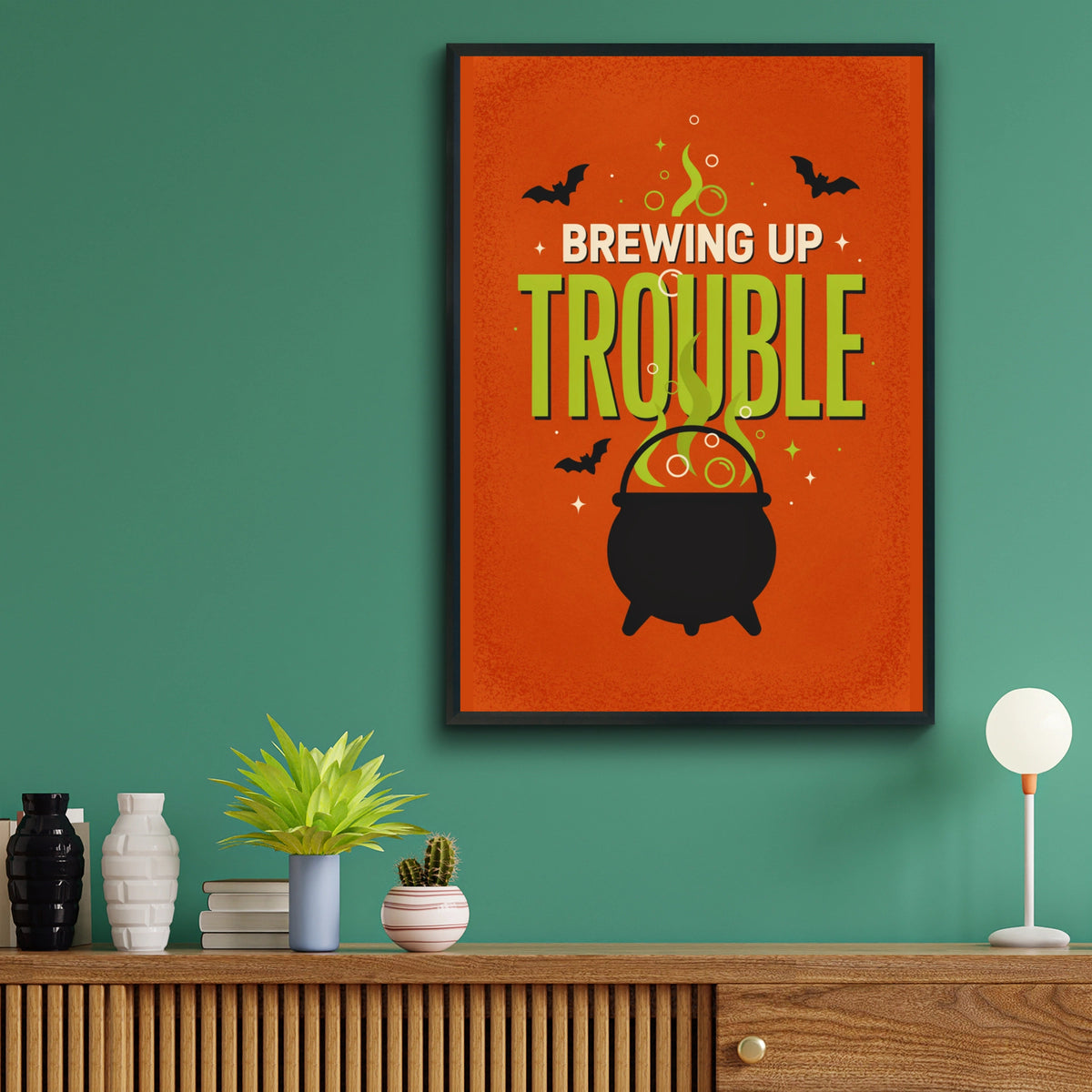 Brewing Up Trouble Halloween Poster, Witch Cauldron Wall Art, Spooky Orange Print
