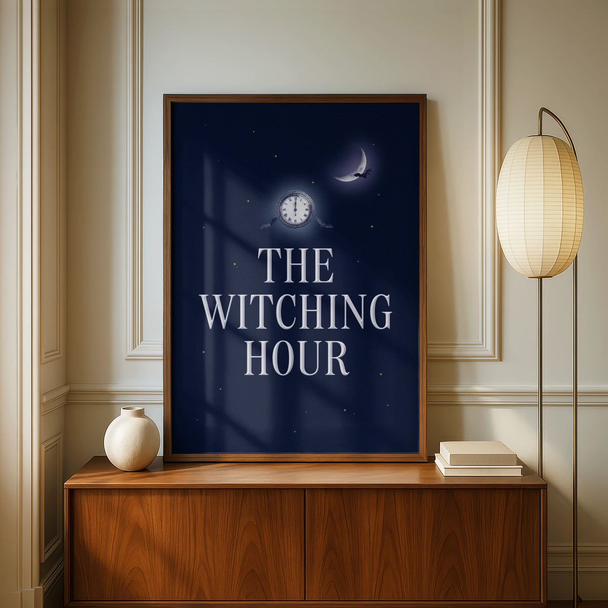 The Witching Hour Halloween Poster, Gothic Bat Moon Clock Wall Art, Dark Navy Print