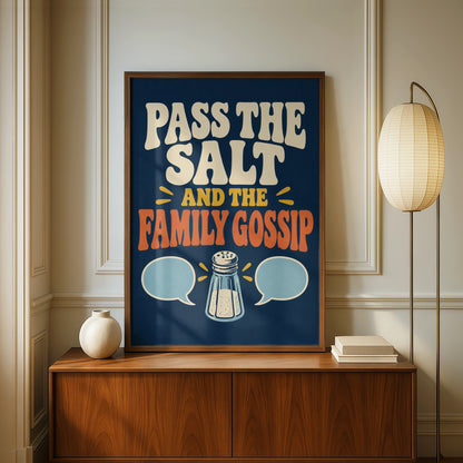 Pass the Salt and the Family Gossip Poster, Funny Kitchen Wall Art, Retro Dining Room Print