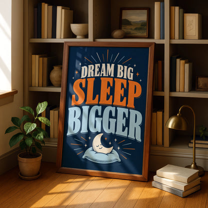 Dream Big Sleep Bigger Poster, Funny Bedroom Wall Art, Navy Blue Quote Print