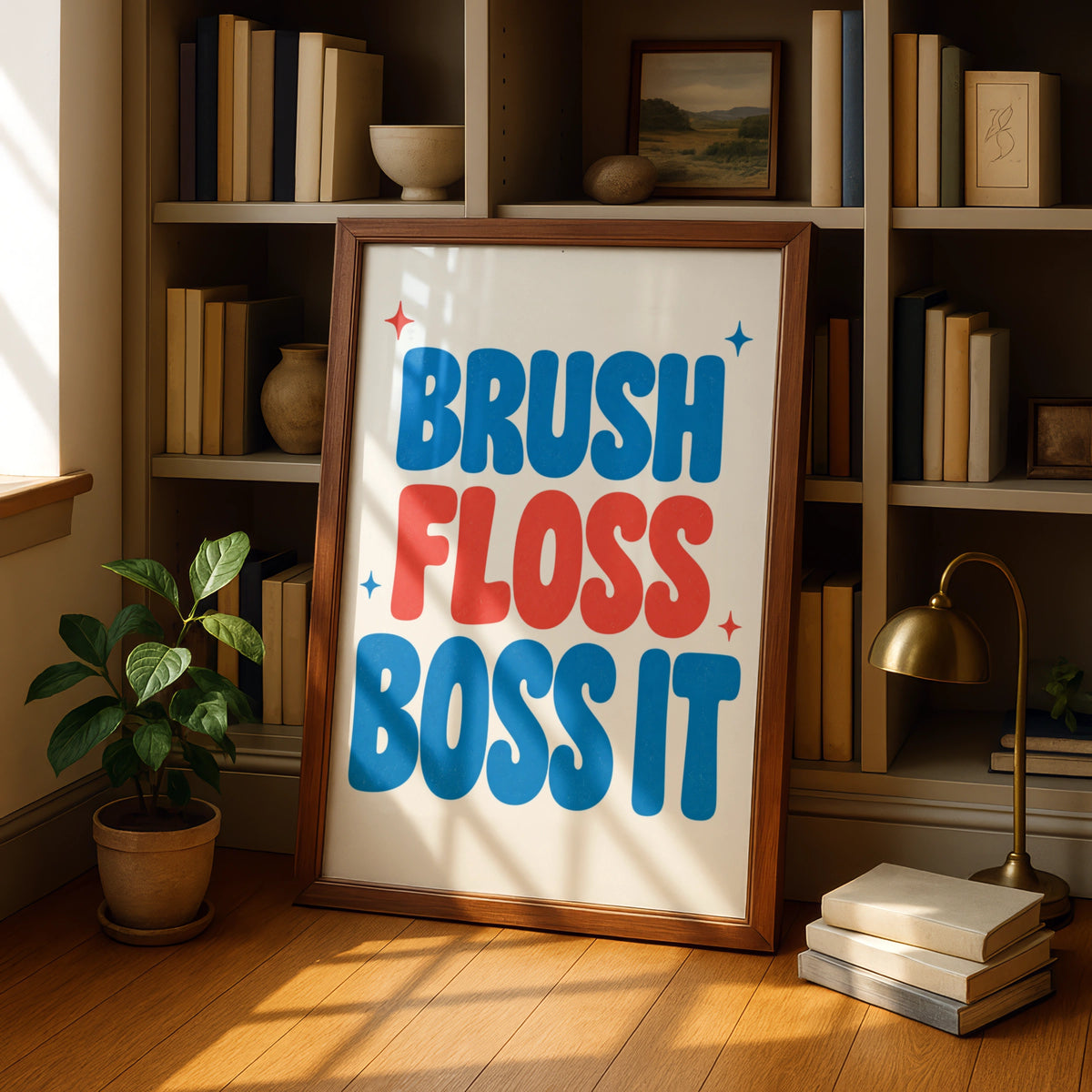 Brush Floss Boss It Bathroom Poster, Funny Dental Wall Art, Kids Retro Print