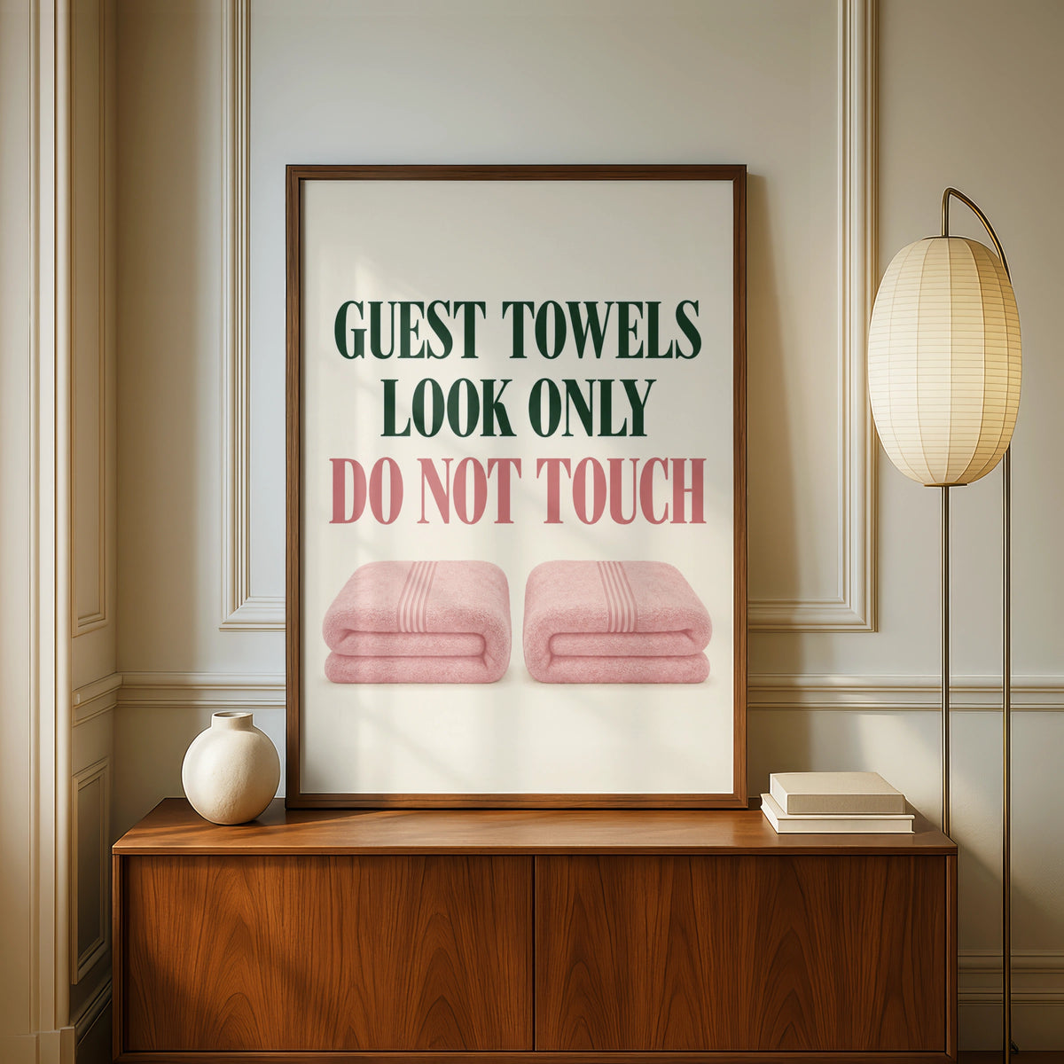 Guest Towels Look Only Do Not Touch Funny Bathroom Poster, Pink Green Wall Art