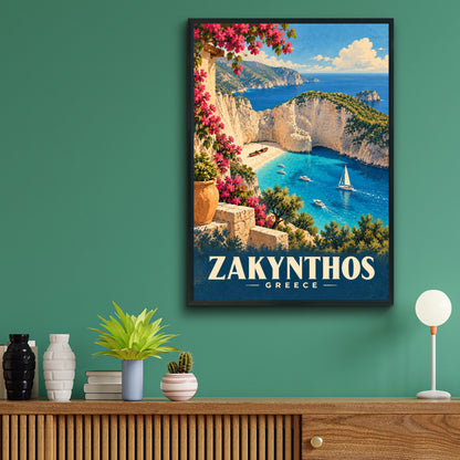 Zakynthos Greece Travel Poster, Navagio Beach Wall Art, Greek Island Print, Mediterranean Decor