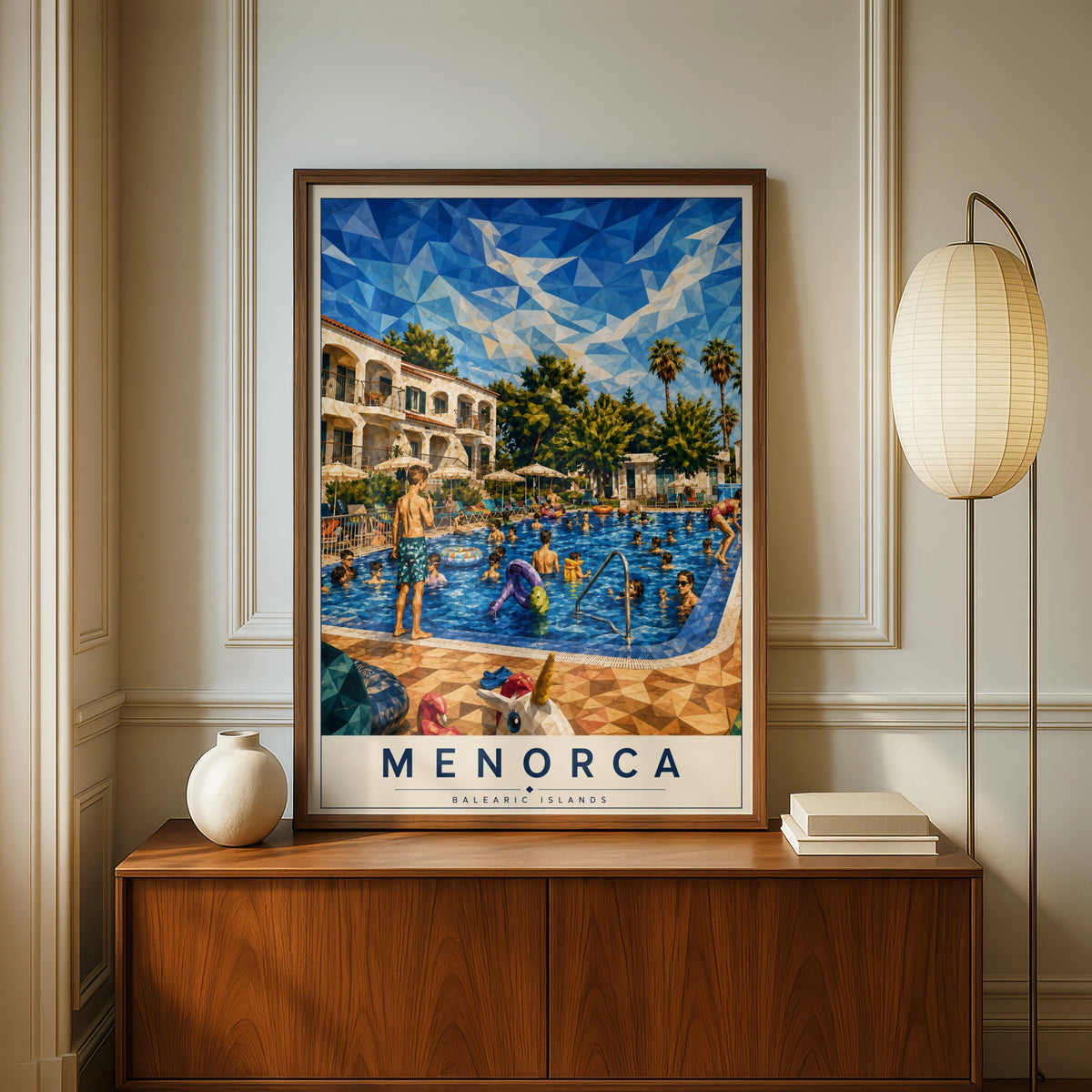Menorca Travel Poster, Balearic Islands Pool Print, Spain Holiday Wall Art, Geometric Low Poly