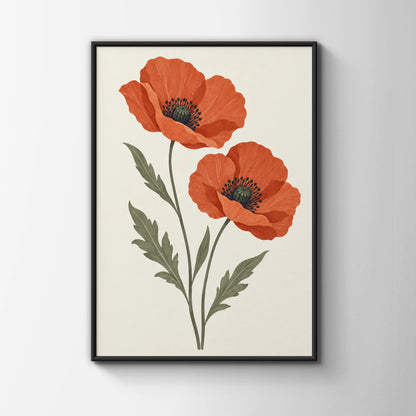 Wild Poppy Pair Botanical Print, Red Poppy Flower Wall Art, Minimalist Floral Poster