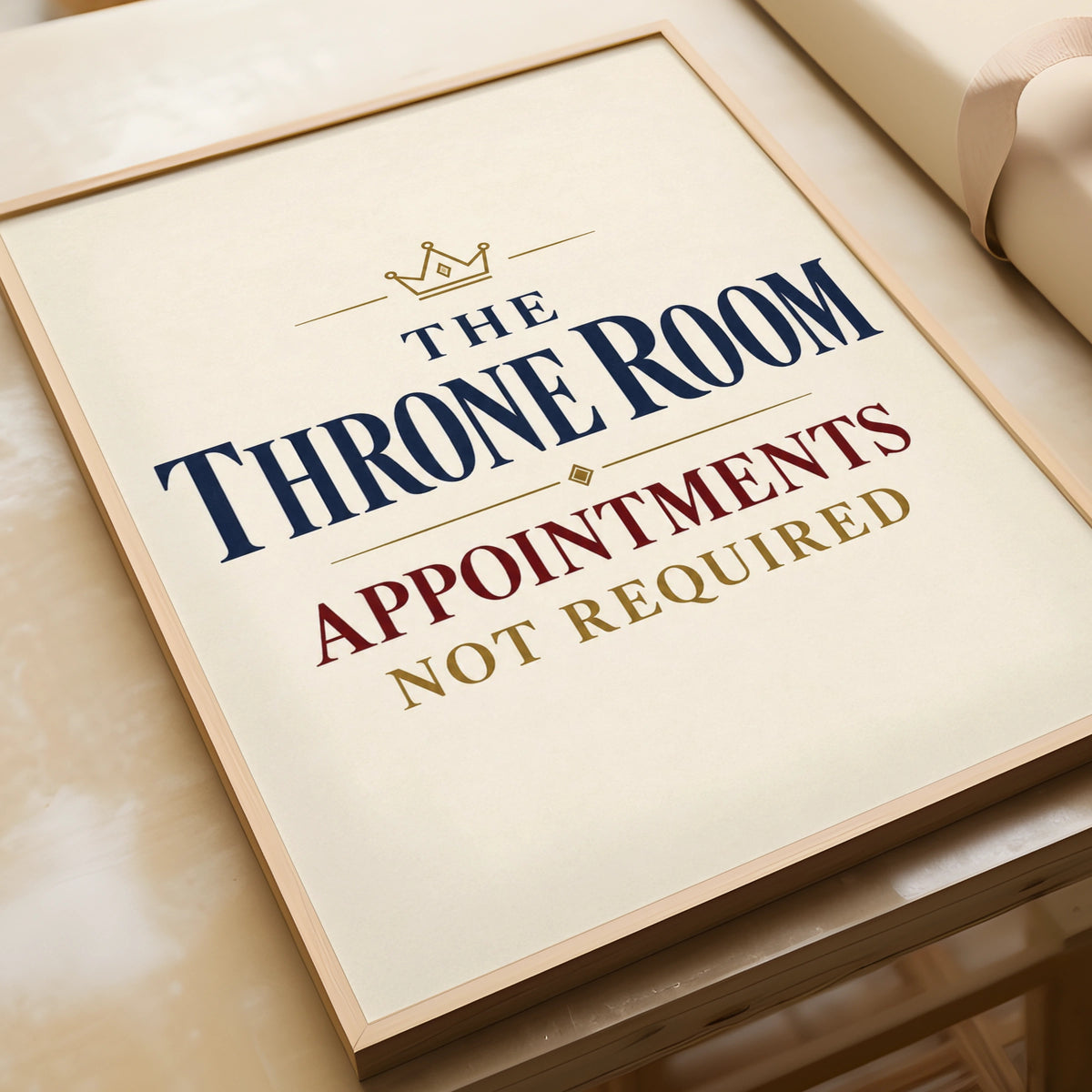 Throne Room Funny Bathroom Poster, Toilet Humour Wall Art, Navy Gold Crown Print