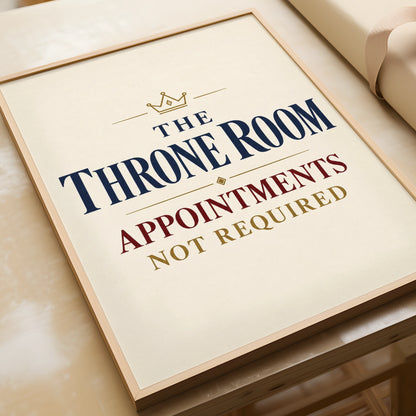 Throne Room Funny Bathroom Poster, Toilet Humour Wall Art, Navy Gold Crown Print