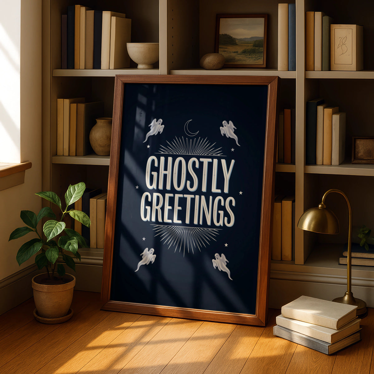 Ghostly Greetings Halloween Poster, Spooky Ghost Wall Art, Navy Blue Celestial Print