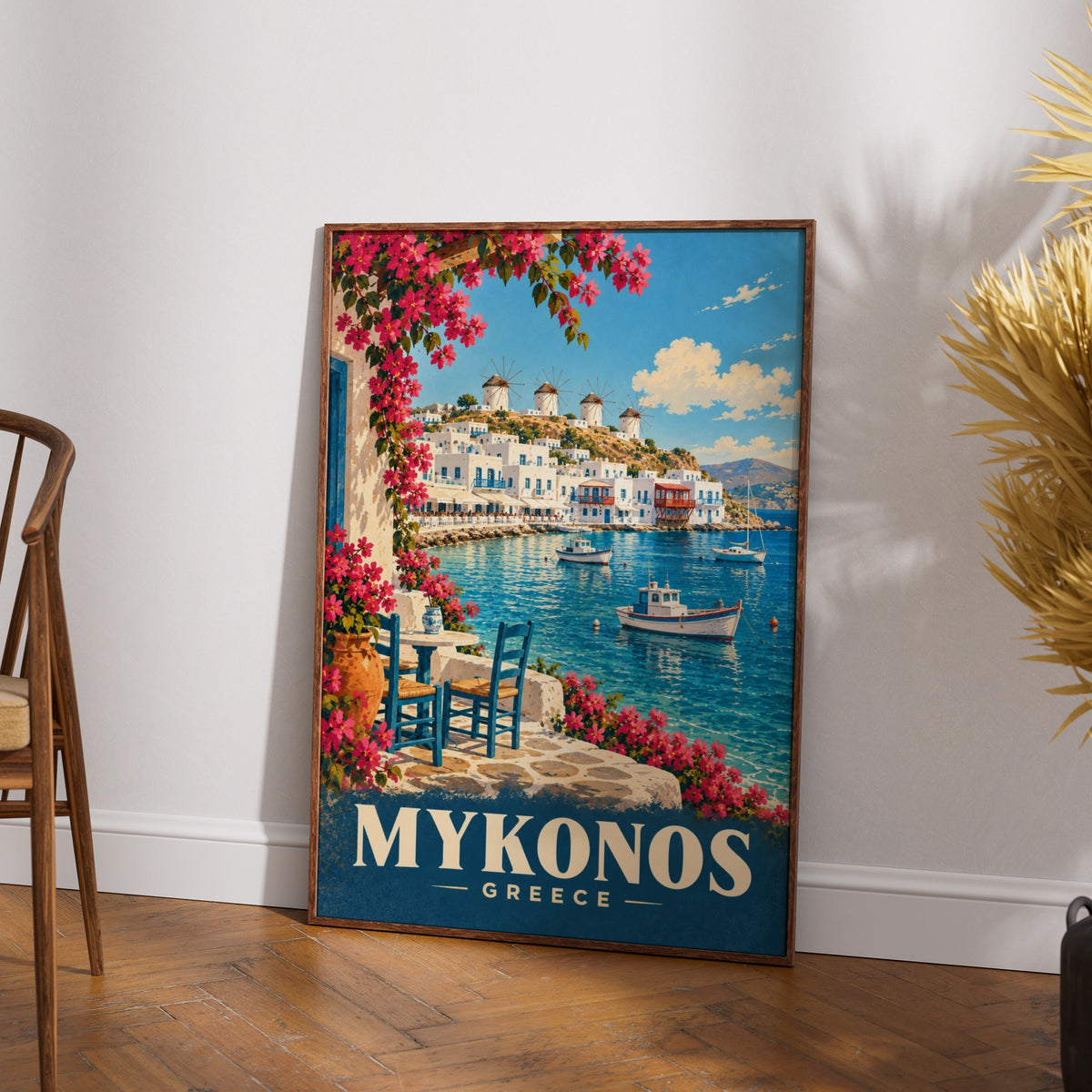 Mykonos Greece Travel Poster, Greek Island Wall Art, Aegean Sea Windmill Print