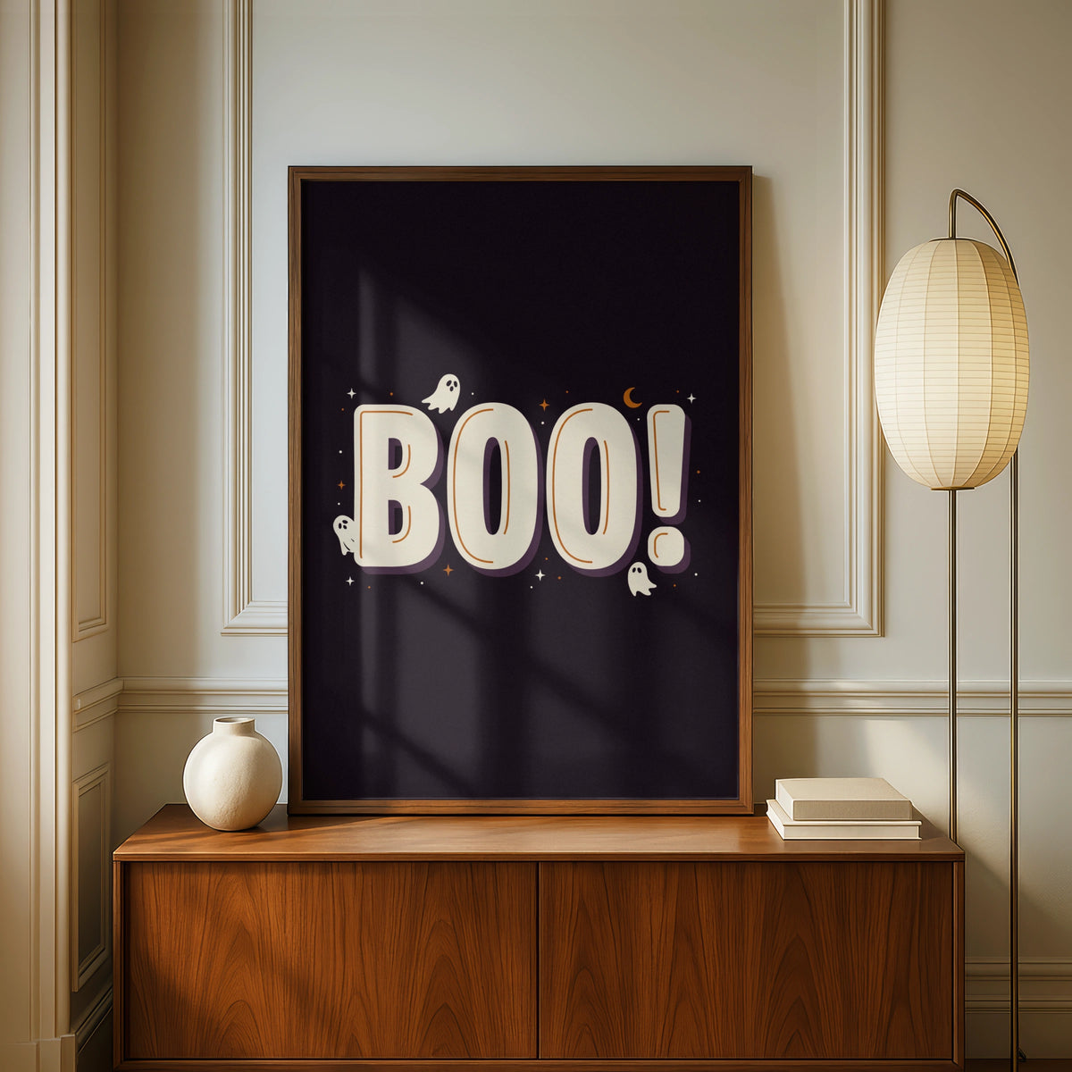 Boo Halloween Ghost Poster, Spooky Wall Art, Dark Purple Retro Typography Print