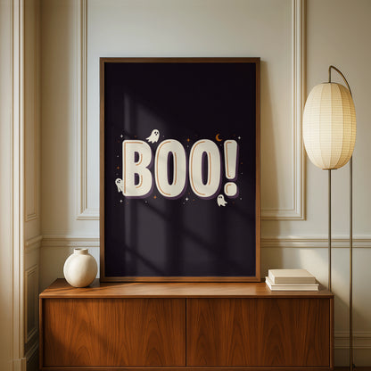 Boo Halloween Ghost Poster, Spooky Wall Art, Dark Purple Retro Typography Print
