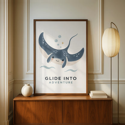 Glide Into Adventure Stingray Poster, Cute Ocean Kids Wall Art, Blue Nursery Print