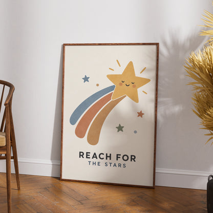 Reach For The Stars Kids Poster, Cute Shooting Star Nursery Wall Art Print