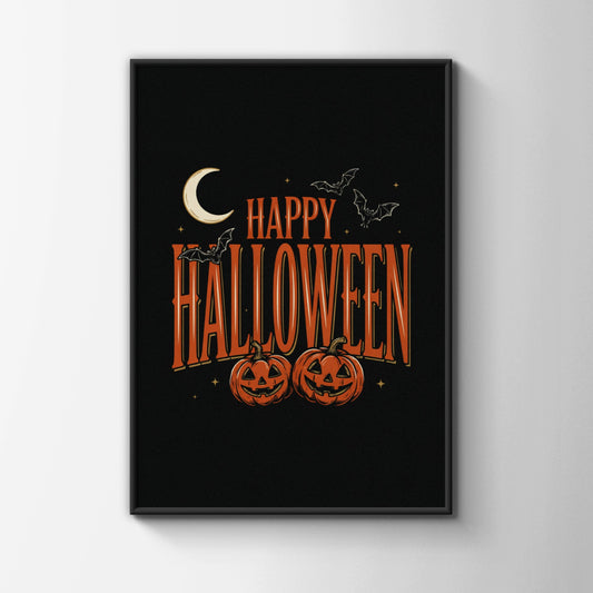 Happy Halloween Poster, Jack-o-Lantern Wall Art, Pumpkin Bat Moon Spooky Print, Orange Black