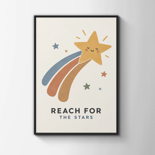 Reach For The Stars Kids Poster, Cute Shooting Star Nursery Wall Art Print