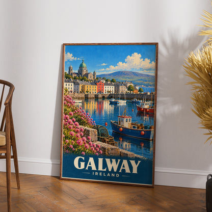 Galway Ireland Travel Poster, Vintage Style Irish Harbour Wall Art Print, Gift