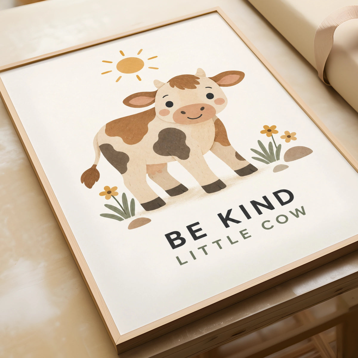Be Kind Little Cow Nursery Print, Cute Farm Animal Poster, Kids Wall Art Gift