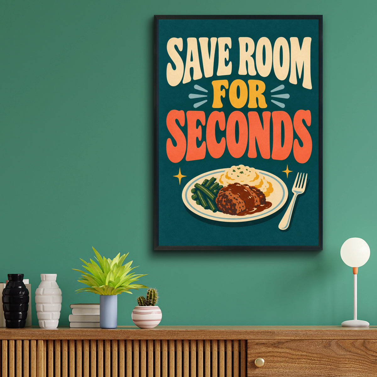 Save Room For Seconds Retro Food Poster, Funny Kitchen Wall Art, Dining Room Print
