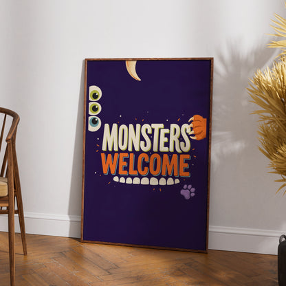 Monsters Welcome Kids Room Poster, Fun Monster Wall Art, Childrens Bedroom Print