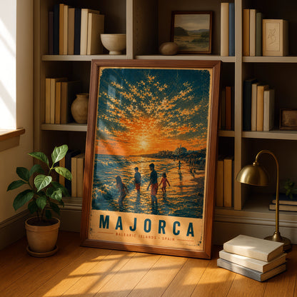 Majorca Vintage Travel Poster, Balearic Islands Spain Beach Sunset Wall Art Print