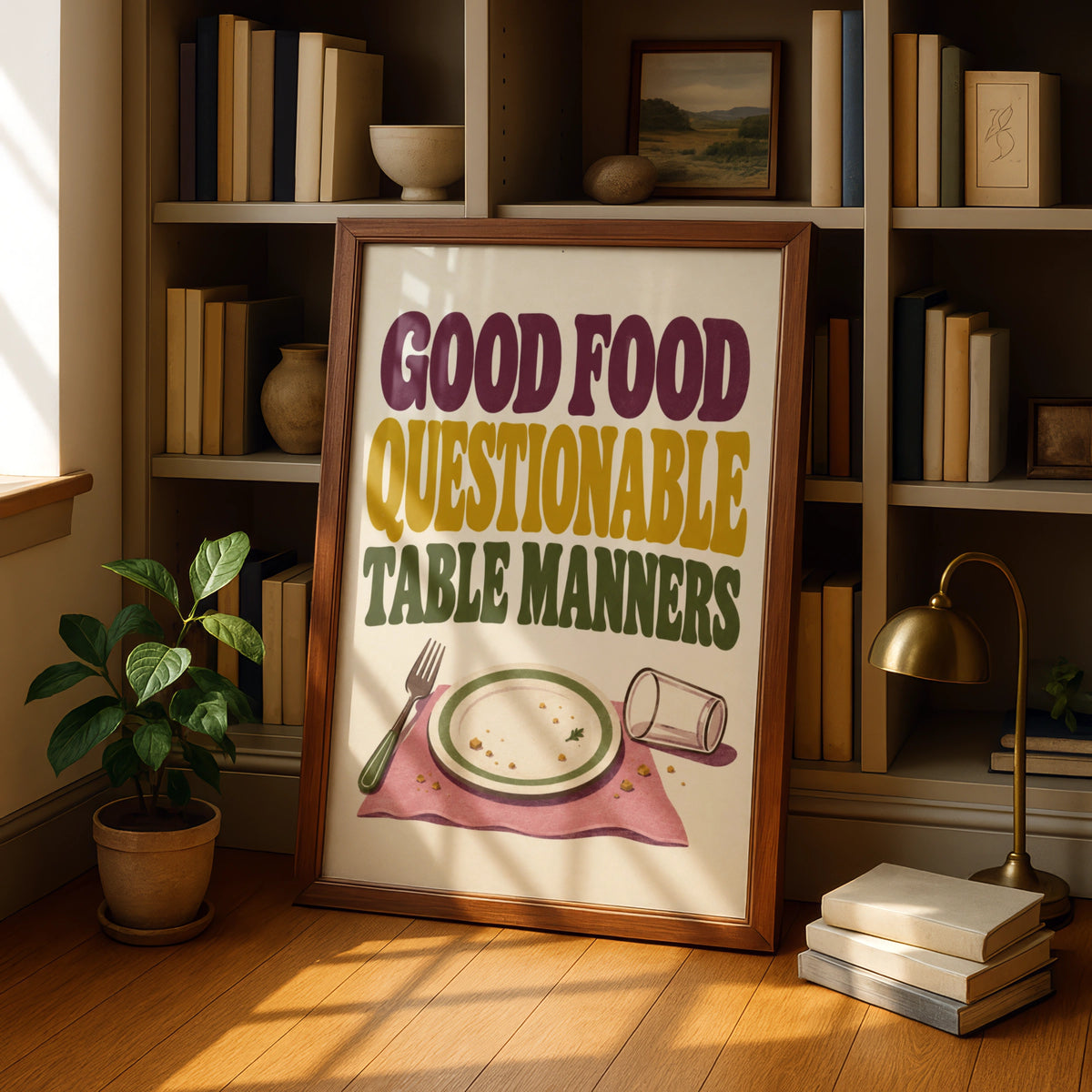 Good Food Questionable Table Manners Poster, Funny Kitchen Wall Art, Retro Dining