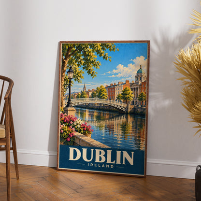 Dublin Ireland Travel Poster, Ha'penny Bridge Wall Art, Vintage Irish City Print