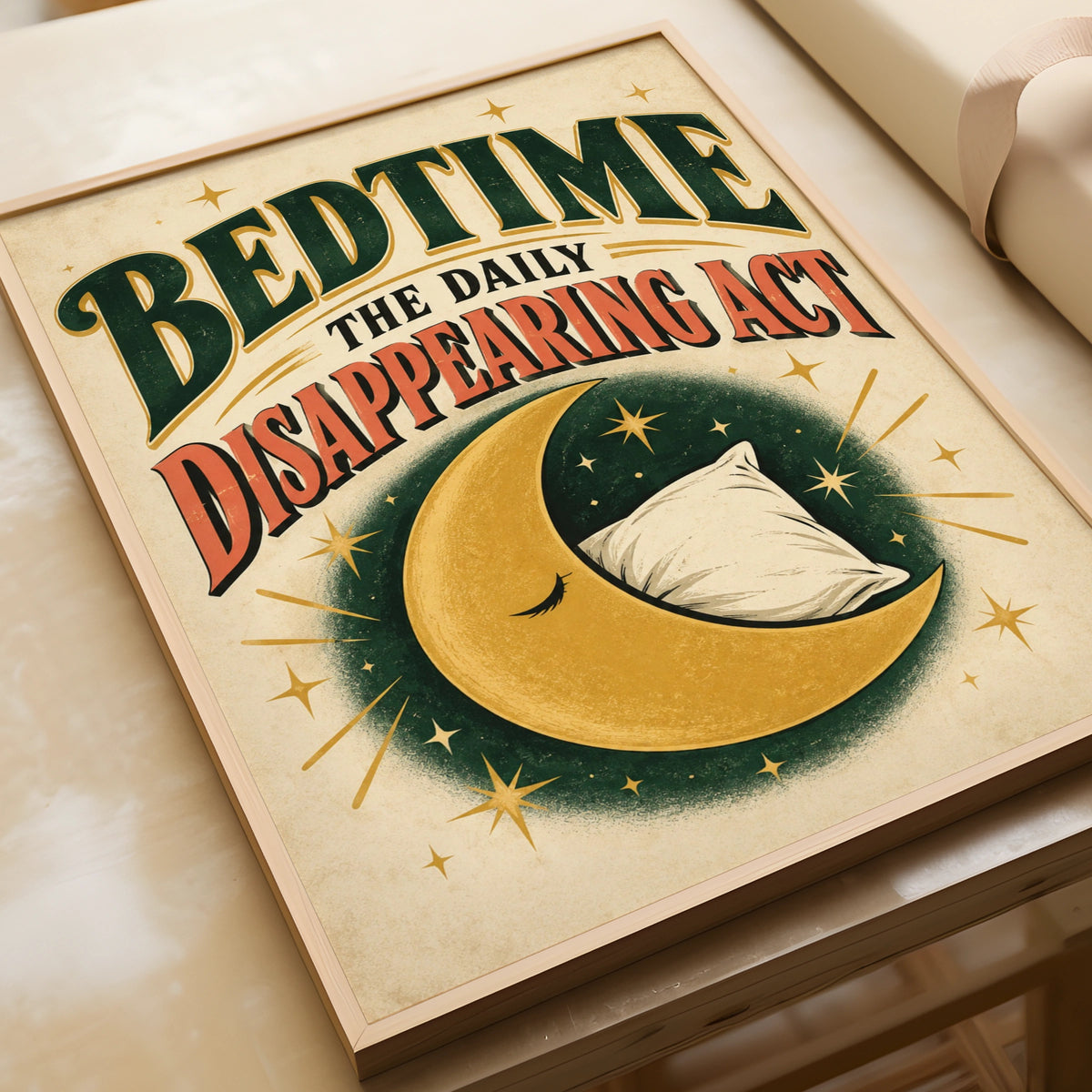 Bedtime Daily Disappearing Act Funny Sleep Poster, Vintage Moon Wall Art Print