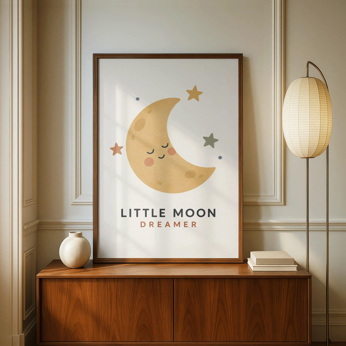 Little Moon Dreamer Nursery Poster, Boho Baby Room Wall Art, Crescent Moon Stars Print