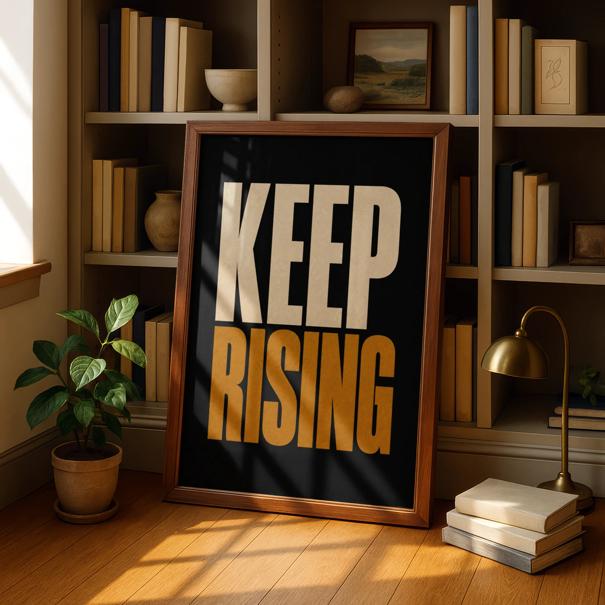 Keep Rising Motivational Poster, Bold Typography Wall Art, Black Gold Office Print