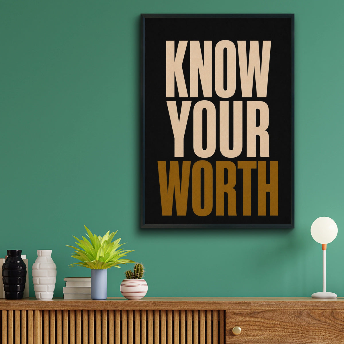 Know Your Worth Motivational Quote Poster, Bold Typography Wall Art, Black Gold