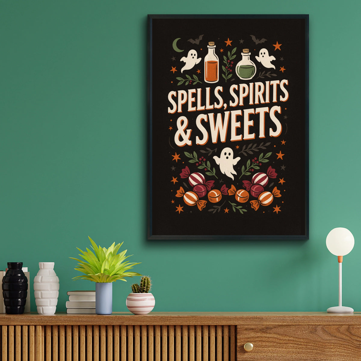 Spells Spirits and Sweets Halloween Poster, Witchy Ghost Wall Art, Dark Retro Print