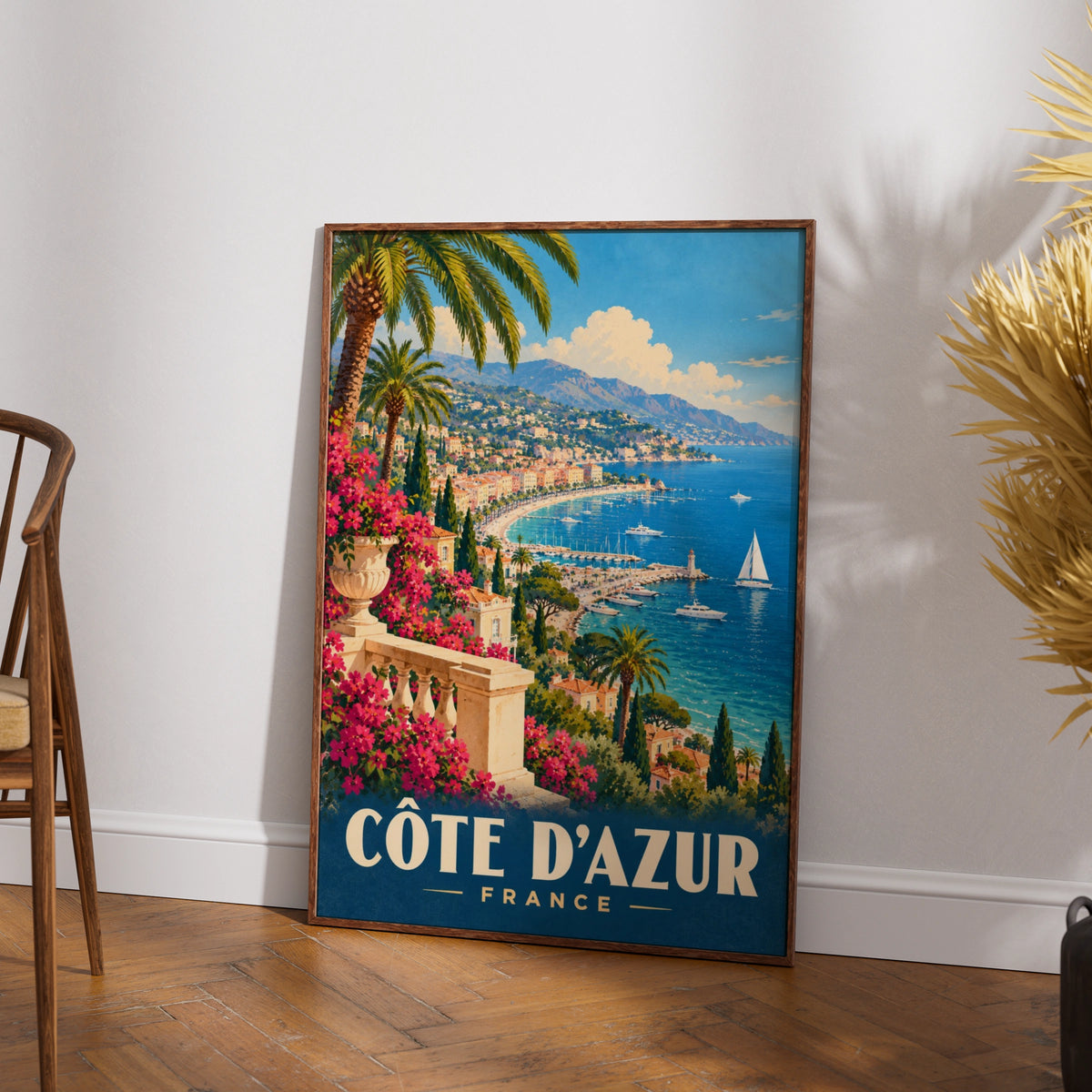 Cote d'Azur France Travel Poster, Retro French Riviera Wall Art, Mediterranean Print
