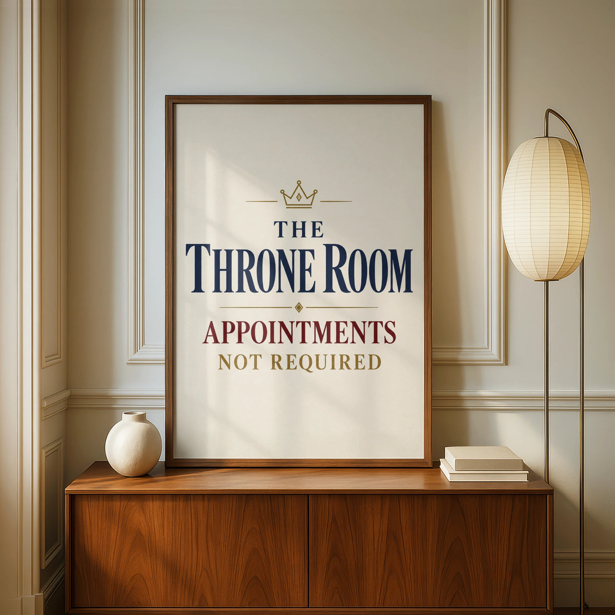Throne Room Funny Bathroom Poster, Toilet Humour Wall Art, Navy Gold Crown Print