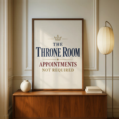 Throne Room Funny Bathroom Poster, Toilet Humour Wall Art, Navy Gold Crown Print