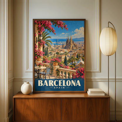 Barcelona Spain Travel Poster, Sagrada Familia Wall Art, Vintage City Print