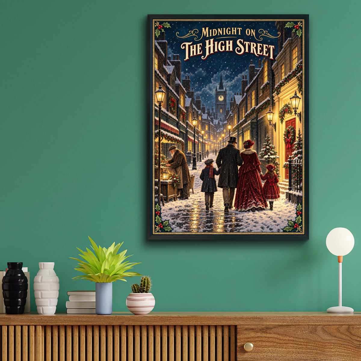 Victorian Christmas Street Scene Poster, Midnight High Street, Snowy Dickensian Wall Art Print