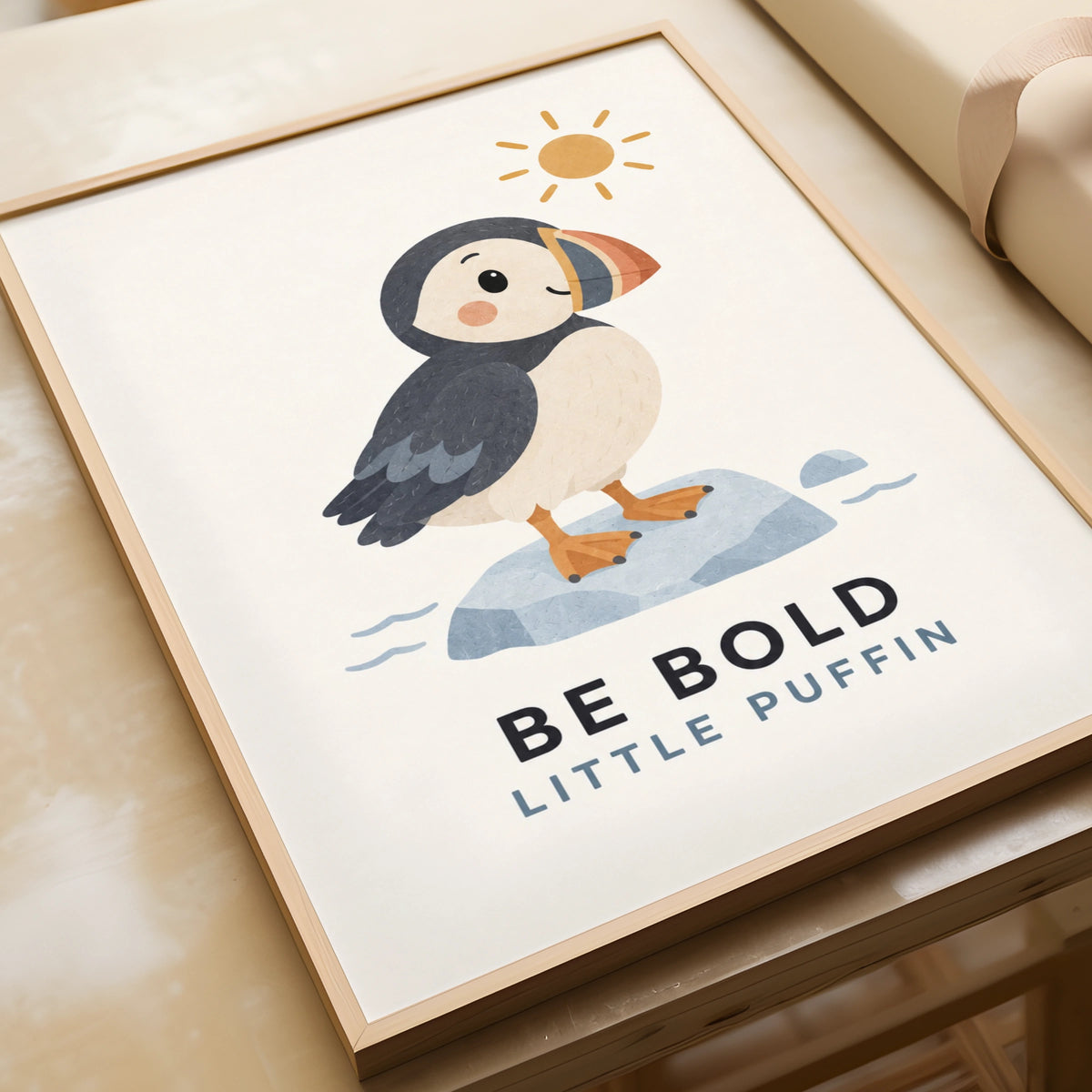 Be Bold Little Puffin Print, Cute Bird Nursery Wall Art, Children's Coastal Poster