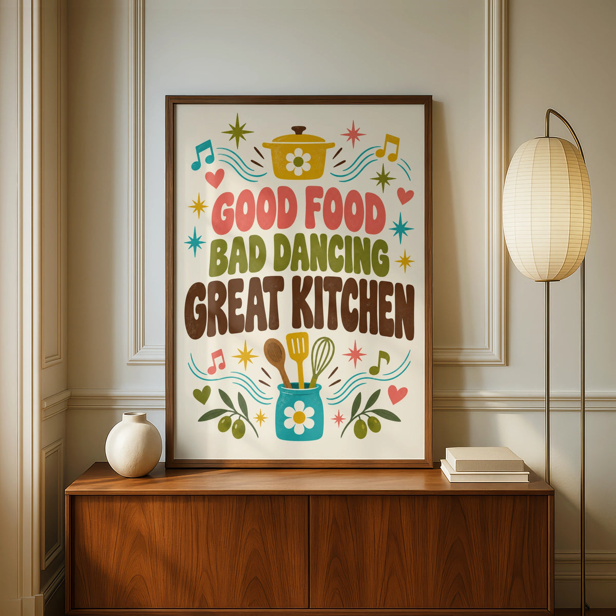 Good Food Bad Dancing Great Kitchen Poster, Funny Kitchen Wall Art, Retro Quote Print