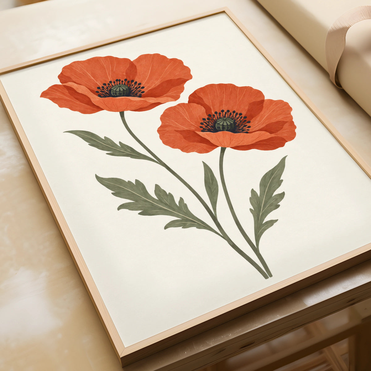 Wild Poppy Pair Botanical Print, Red Poppy Flower Wall Art, Minimalist Floral Poster