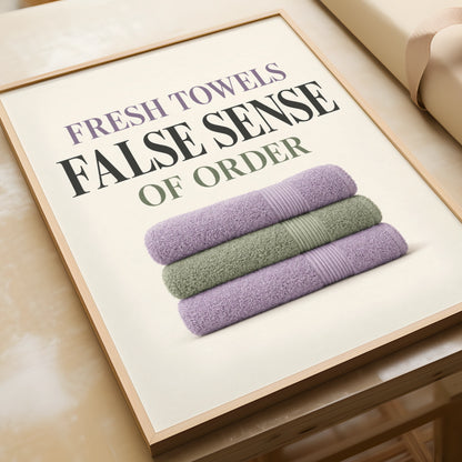 Fresh Towels False Sense of Order Funny Bathroom Poster, Humour Wall Art Print