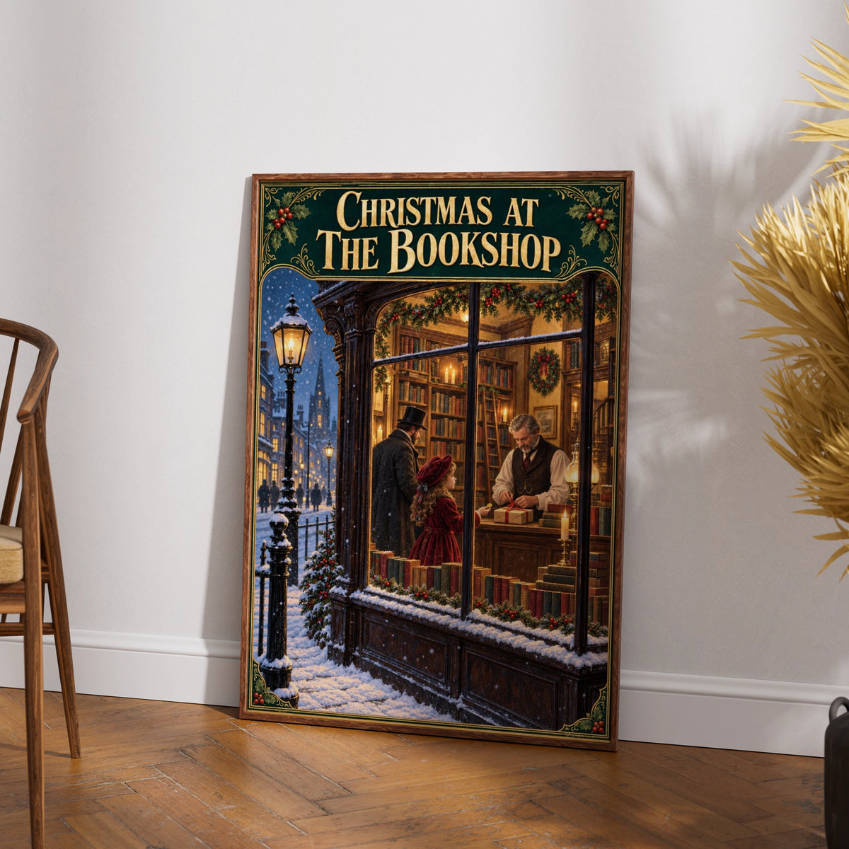 Christmas at the Bookshop Poster, Victorian Bookstore Wall Art, Festive Reading Print