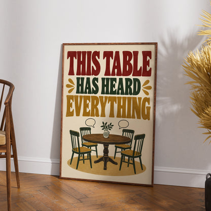 This Table Has Heard Everything Funny Kitchen Poster, Retro Dining Room Wall Art Print