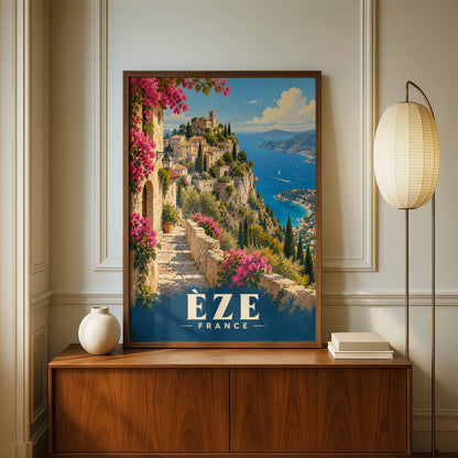 Eze France Travel Poster, French Riviera Wall Art, Cote d'Azur Village Print