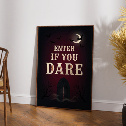 Enter If You Dare Halloween Poster, Spooky Gothic Wall Art, Dark Red Bat Moon Print