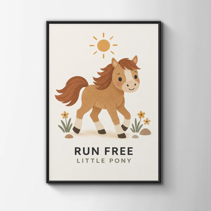 Run Free Little Pony Print, Cute Horse Nursery Wall Art, Kids Room Poster, Boho
