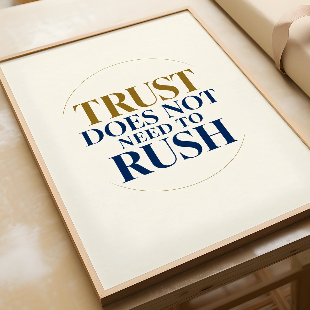 Trust Does Not Need To Rush Quote Poster, Minimalist Navy Gold Wall Art Print