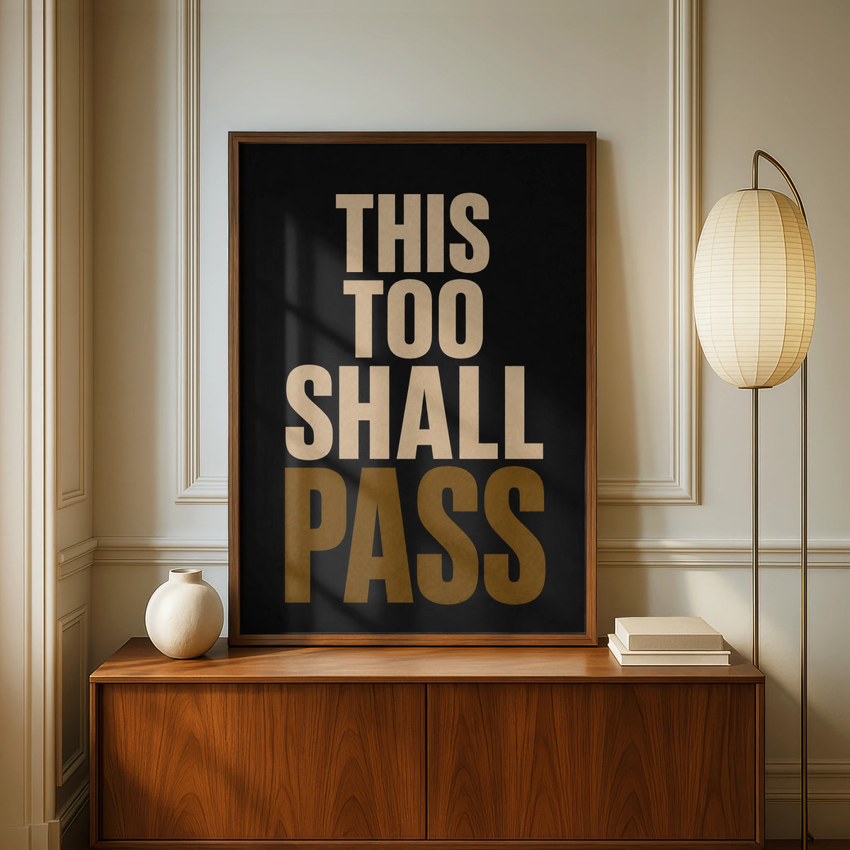 This Too Shall Pass Quote Print, Motivational Wall Art, Black Gold Typography Poster